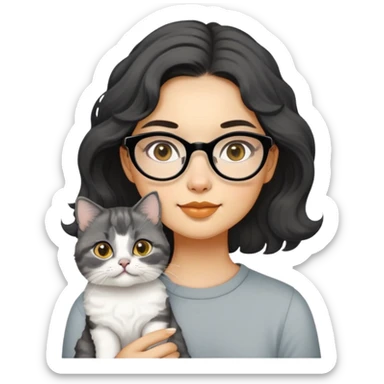 Young woman with oval face and warm yellow-toned skin, black wavy hair, thin-framed glasses, holding a grayish-white Munchkin cat with short legs and charcoal-gray marking under its mouth sticker