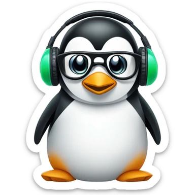 Design an emoji-style logo for “TuxByte” with a sleek penguin, techy glasses or headphones, and subtle circuit or data elements. Use black, white, blue, and green for a clean, modern look. sticker
