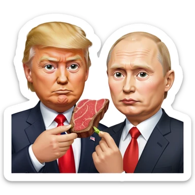 photorealistic Donald Trump and Putin eating a steak shaped like an piece of land sticker