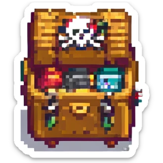 pixel art pirate emoji with wooden leg and treasure chest sticker