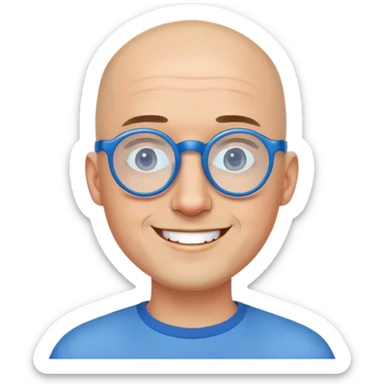 homme, chauve sur le dessus, lunettes rondes bleu, sourire, barbe rasée très courte sticker