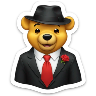 winnie the pooh wear black suit with a red tie sticker