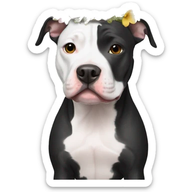 Black and white Pitbull with floral crown sticker