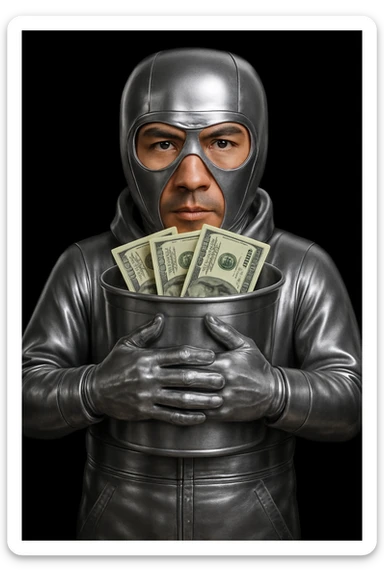 Replace the cartoonish green dollar bills with realistic-looking US dollar bills, keeping the rest of the image unchanged. The bills should have authentic details and textures, aiming for photorealistic style with fine details and textures on the bills. sticker