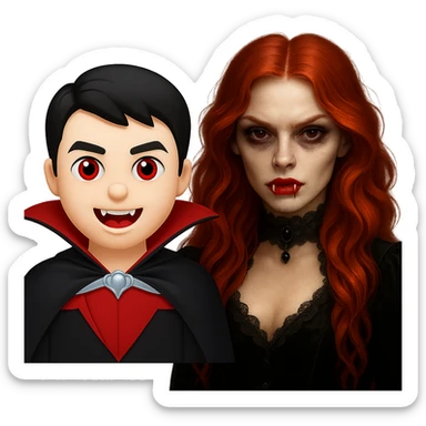 Combine the ginger-haired vampire girl and a classic vampire emoji in a fun composition, both characters clearly visible. Maintain a transparent background. The style should blend the look of a classic vampire emoji with the unique features of the ginger-haired vampire girl. sticker