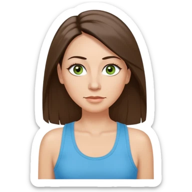 43 year old Adult woman avatar, light skin tone, long, oval face, long straight ashy brown hair, green almond-shaped eyes with dramatic eyelashes and minimal eyeliner, neutral mouth, medium straight eyebrows, small nose, smooth skin, sky blue tank top sticker