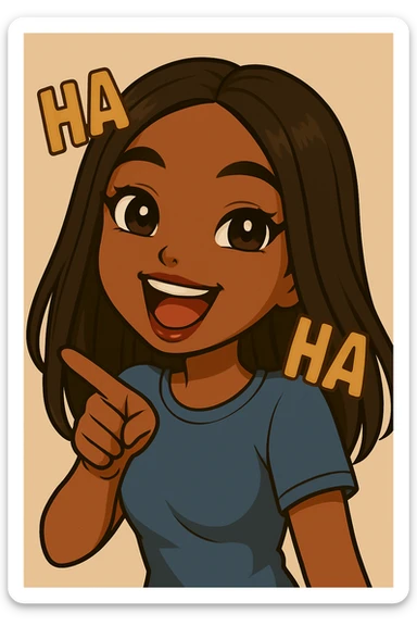 Change the pose to pointing and laughing, add 'ha ha ha' text in the background, headshot only, 20-year-old anime Bratz style woman with dark skin, straight hair, more casual outfit, big expressive eyes, glossy lips, no hat, no tears, happy expression, looking straight ahead. sticker
