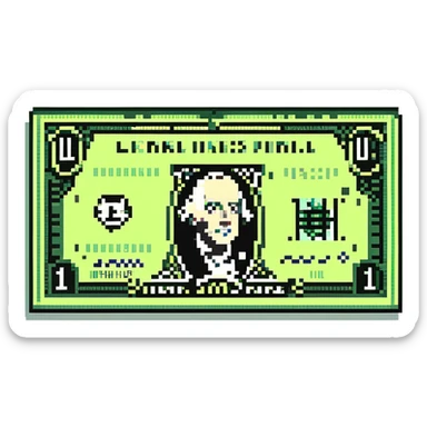 A pixel art style image of a dollar bill, featuring a green and black pixelated design without a portrait, simple and retro design, no additional text or symbols. sticker