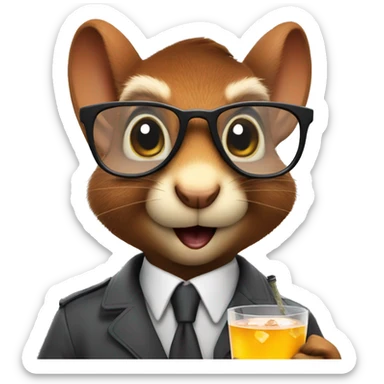 Secret agent squirrel with glasses holding a drink sticker