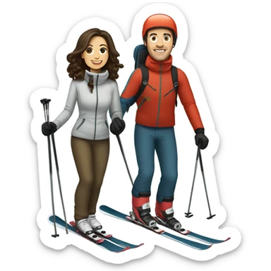 Brunette wife and husband skiing  sticker