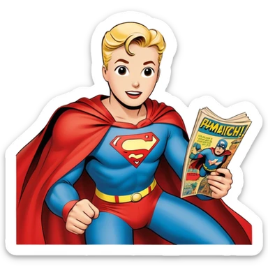 Icon for Vintage American Comics: an open comic book with classic 1940s-1950s American comic art, featuring superheroes in bold, bright colors, with action panels and exaggerated speech bubbles. The icon should represent the nostalgic style of vintage comics. Transparent background. sticker
