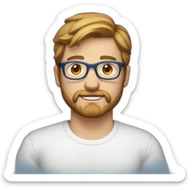 man with short light brown hair, beard and mustache and glasses, blue eyes, white t-shirt and blue jeans sticker