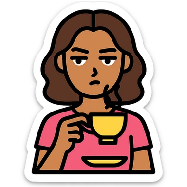 woman giving side eye while sipping hot tea with her pinky up, minimalist flat icon style sticker