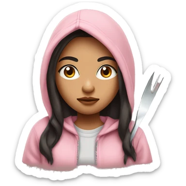 Girl with long dark hair in a light pink hoodie with a serious face holding a butter knife sticker