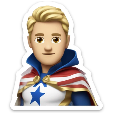 Emoji of Homelander from ‘The Boys’ series. USA flag-inspired costume with cape (red, blue, white). Confident, slightly menacing expression. sticker