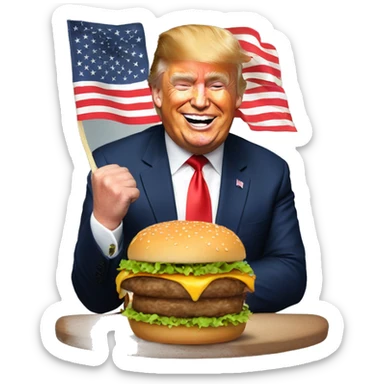 US President Trump happily eats a burger sticker
