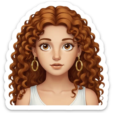 Attractive Greek woman with wide face, freckles, long curly amber-brown hair and gold hoop earrings sticker