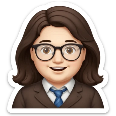 happy chubby English teacher face, white skin, wearing glasses, wavy long dark brown hair, classroom background, for online classes sticker