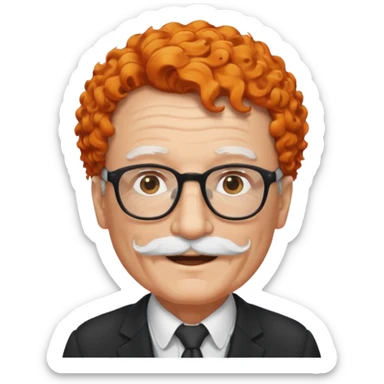 An elderly man with curly orange hair, brown eyes, black glasses, and a white mustache, wearing a gentle smile. sticker