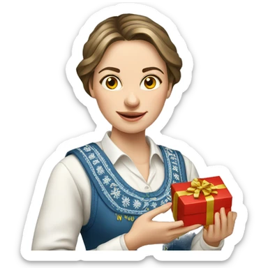 A female teacher in Ukrainian embroidery holds a gift in her hand sticker