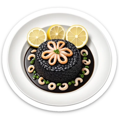 cinematic-realistic-black-risotto-dish,-showcasing-small squid pieces in black sauce -rendered-with-bold-textures-and-dynamic,-dramatic-lighting in a white plate with a grilled lemon on top sticker