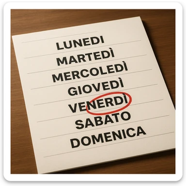 weekly calendar in Italian, days from Monday to Sunday, Friday circled in red, hyperrealistic style, 4K details, studio or office atmosphere sticker