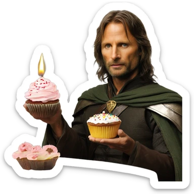 Viggo Mortenson as Aragorn holding a cupcake with a birthday candle in it sticker