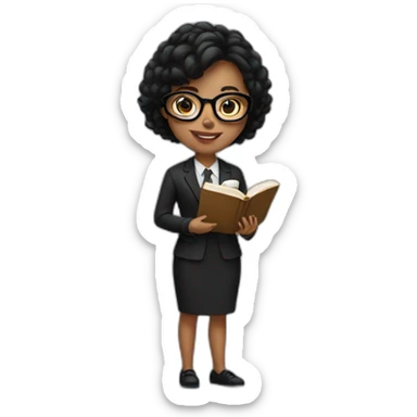 a girl in a black suit and glasses holding a book. sticker