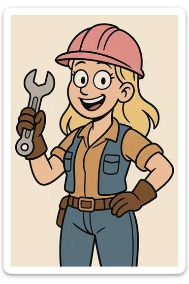 cartoon blonde woman in construction gear with pink safety helmet, cheerful, holding a wrench, plain background sticker