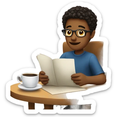 A boy reading at a coffee table with a cup of coffee next to him sticker