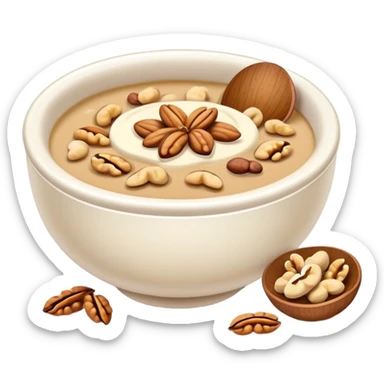 Walnut soup sweet dessert in bowl with nuts, simplified emoji style with bold outlines and bright colors, cartoon style Hetao Hu traditional sweet sticker