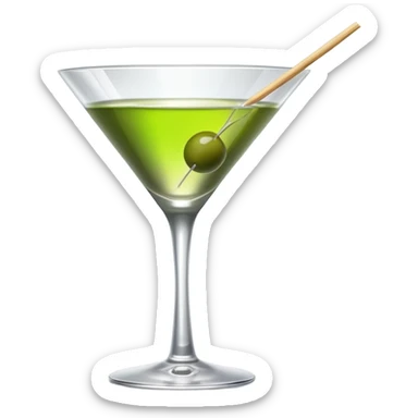 empty martini glass with just a hint of colorless liquid, showing mostly glass with very minimal liquid representation, single green olive on toothpick sticker