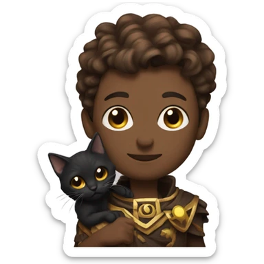 A sun warlock who is pale with brown hair and is holding a black kitten sticker