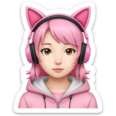 Cute Japanese girl wearing pink cat ear headphones sticker