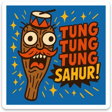 wild wooden club-shaped emoji with bug eyes, carved face, wild mustache, drum hat, sparkles, chaotic brainrot energy, shouting 'TUNG TUNG TUNG SAHUR!', bold expressive style sticker