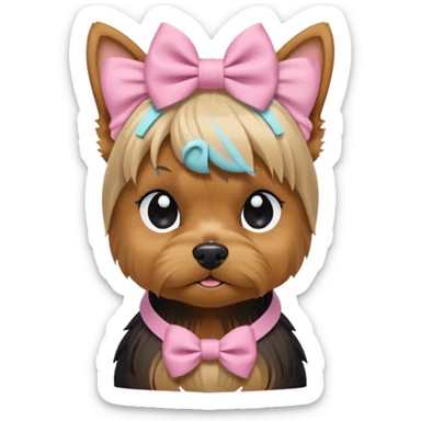 a Yorkshire Terrier face with a ponytail on head tied with a bow. Cute expression, flat design, pastel colors sticker