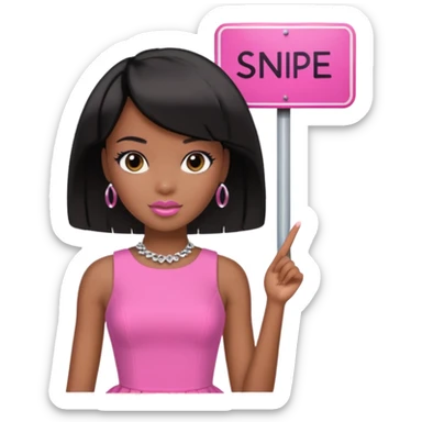 Black barbie, short  black bob  hair, pink dress with a sign that says snipe sticker