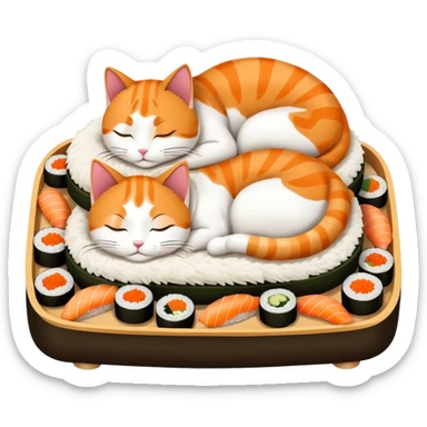 two cats sleeping in a bed made of sushi sticker