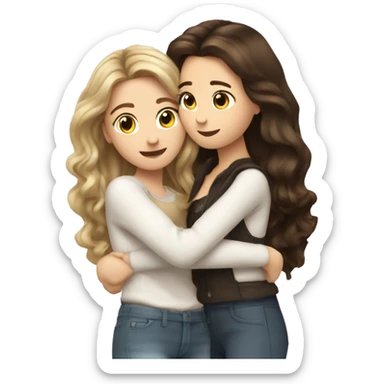 two Caucasian brunette pretty girls hugging with blown out hair sticker
