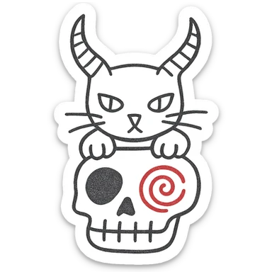 Remove the lollipop from the cat's horn, keep the hand drawn style with bold lines and no fill, preserve the red spiral on the skull, transparent background. sticker