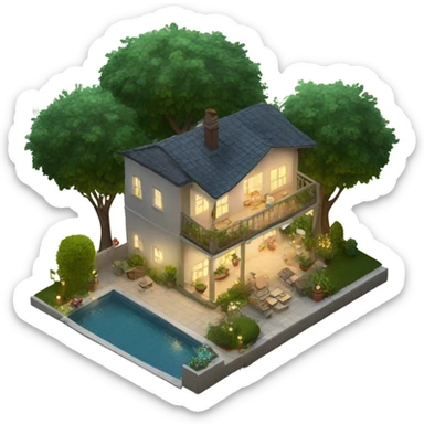 4 floor, trees in the garden, lights on, villa sticker