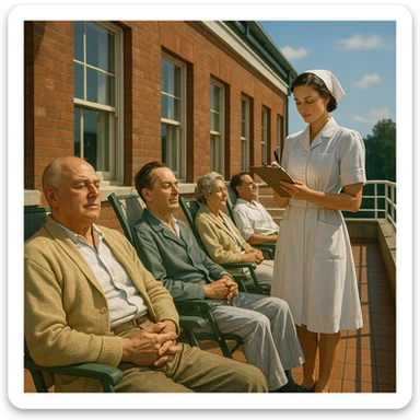 symbolic scene of 1940s hospital terrace with patients sitting in the sun with relaxed expressions, nurse taking notes on a medical chart, atmosphere of trust in solar therapy, realistic details, 4K quality sticker