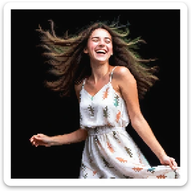 A brunette with straight hair laughs among friends at a picnic, wearing a light summer dress, her hair messy from the wind sticker