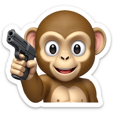 Monkey smiling while pointing a fake gun directly at the camera sticker