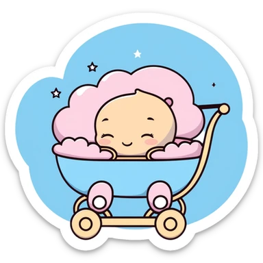 sleeping baby in pink and beige stroller with fluffy pastel blue clouds and shining stars decorating the entire scene sticker