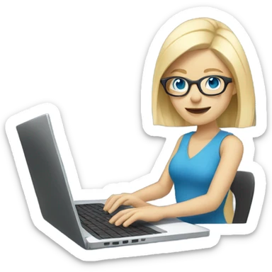 blonde pale white woman with blue eyes and glasses working on laptop sticker