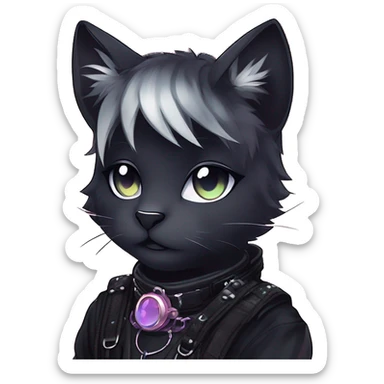 Gorgeous sparkly legendary gradient gothic dark techwear anime style anthro cat with blushing face aesthetic and pretty edgy black with collar and harness trending style sticker