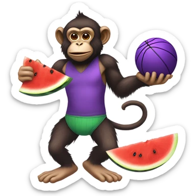 Monkey eating watermelon and drinking purple juice while playing basketball sticker