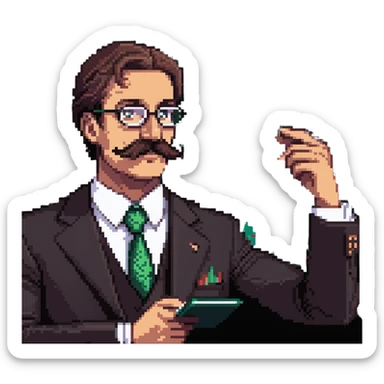 Finance guy with massive handlebar mustache, business attire, stock market chart sticker
