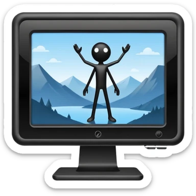 Minimalistic flat vector icon, iOS style, thin black contour on white background. Computer monitor showing a simple stickman character inside a game world. Clean, no text, no shadows sticker